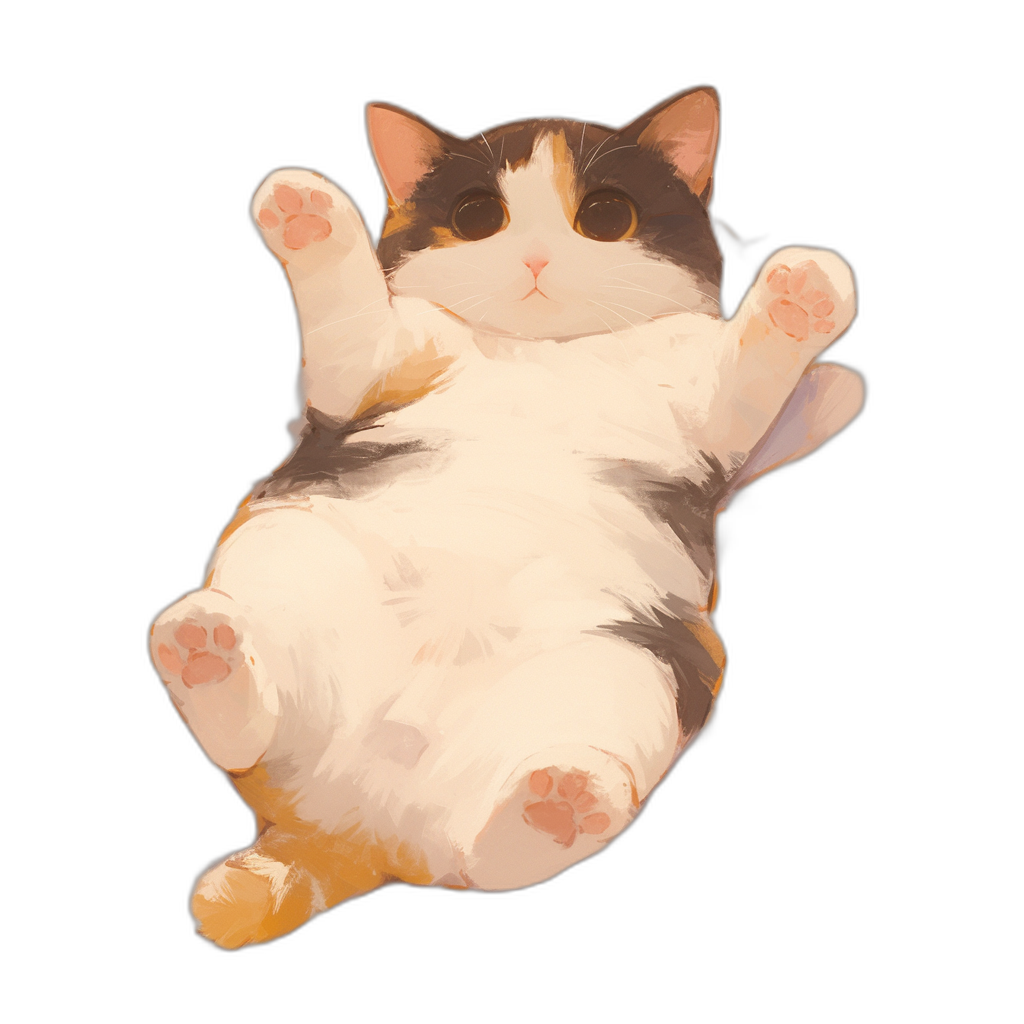 A chubby calico cat floating upside down, with a cute and happy expression, in a simple flat illustration style with a black background, simple details, warm colors, high resolution, high quality image. The portrait is in the style of professional photography, with high definition and super detail. The rendering is in the anime style, showing a front view full body portrait.