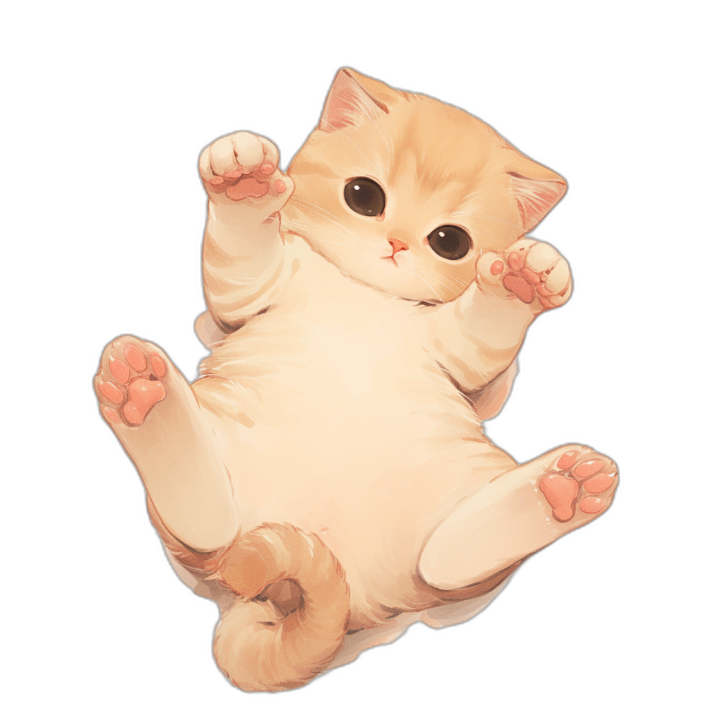 A cute cat is lying on its back, with all four paws raised upwards and the front two feet facing up. The cartoon style of the illustration features a light yellow color scheme against a black background. It has clear details and high resolution. The style is in the style of focus stacked/focushadow top view.