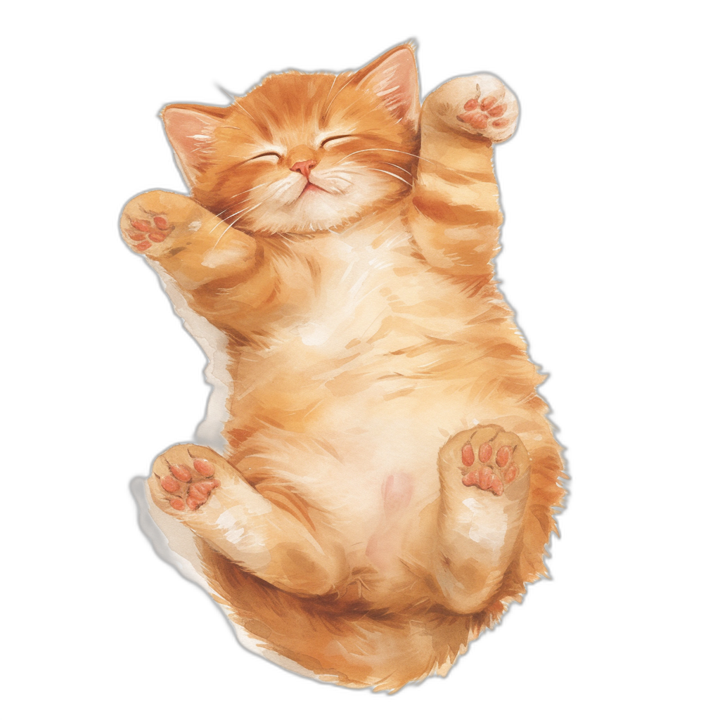 tshirt design, full body cute happy baby orange cat sleeping on its back with paws up in the air, black background, digital painting style in the style of digital painting