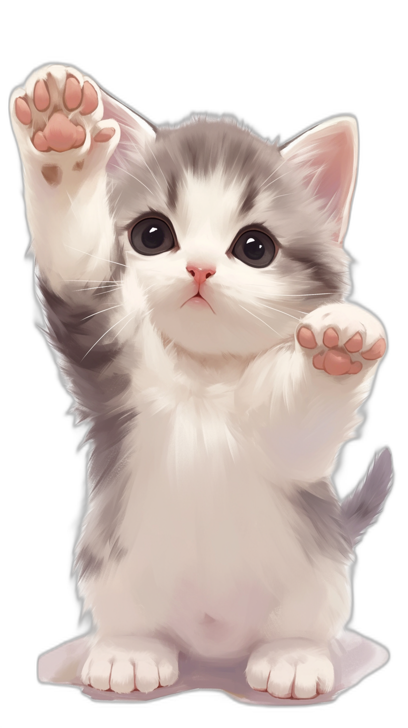 Cute gray and white kitten in the style of anime, hand up to high five pose, black background, in the style of anime.