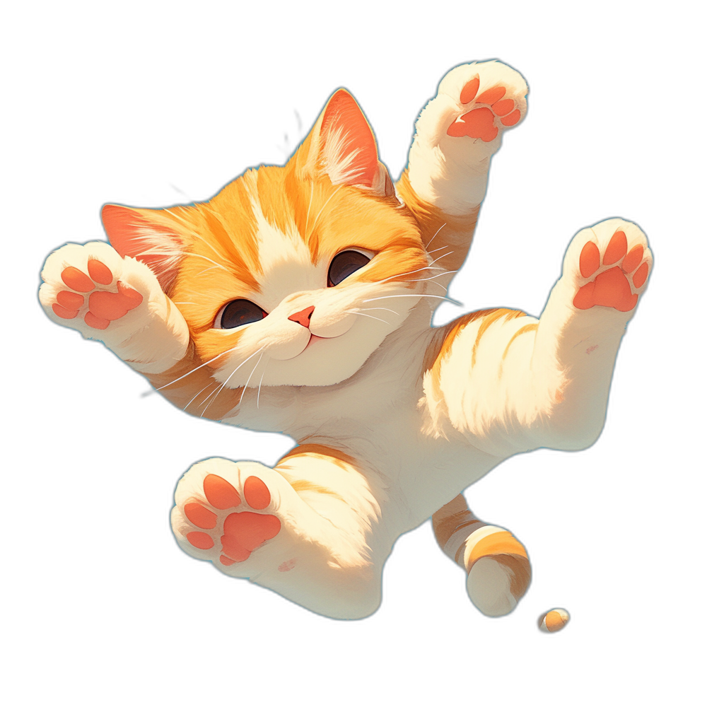 A cute orange and white cat is flying in the air, with its front paws raised high, in the cute anime style, black background, cartoon illustration, 2D game art, high resolution, high detail, best quality.