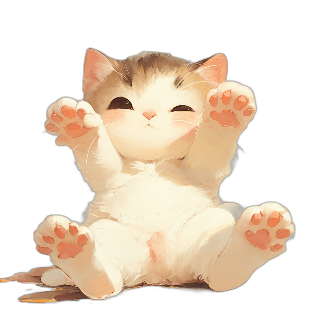 A white and light brown cute cat with its paws up in the air, smiling, against a black background in the style of anime.