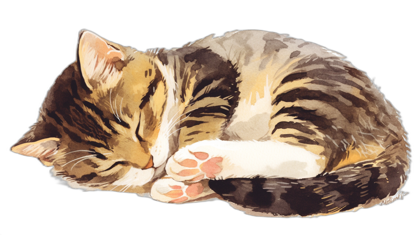 A cute tabby cat sleeping in the style of watercolor, sticker design, simple line art, black background, high resolution illustration without shadowing or gradient shading, flat style, detailed texture on the fur and paws, adorable expression, pastel colors.