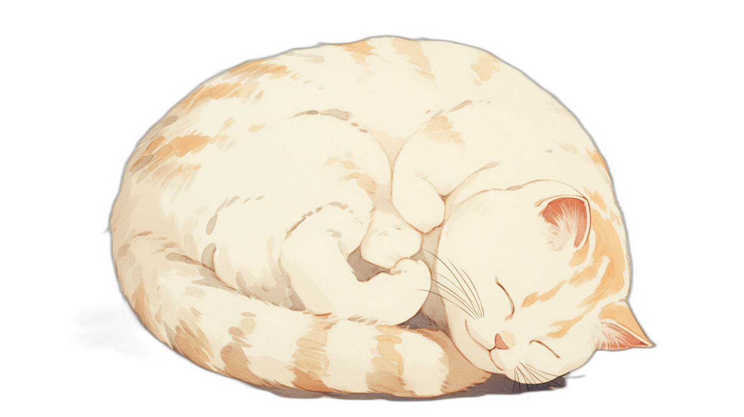 A curled up cat curled into an oval shape, sleeping on its back. A cute illustration in the style of cute anime style on a black background, simple with white and light orange tones.