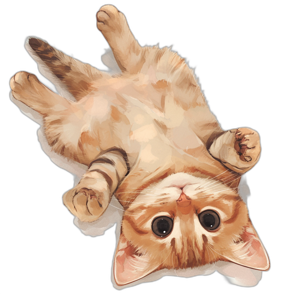 sticker of an orange cat lying on its back, top view, in a cute style, in the style of anime art, full body shot, black background