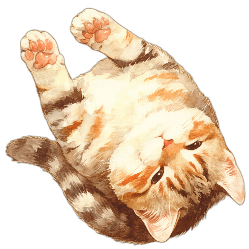 A cute cat lying on its back, with two paws raised and showing the palm of one hand. The top view is in the style of vector, with black background, white border and no shadow. Anime style, watercolorist, minimalism, high detail, high resolution, vector illustration. A sticker design featuring an adorable cartoon kitten laying upside down, with its front legs hanging off side and paw raised above head. It has large expressive eyes and soft fur texture. Black Background.