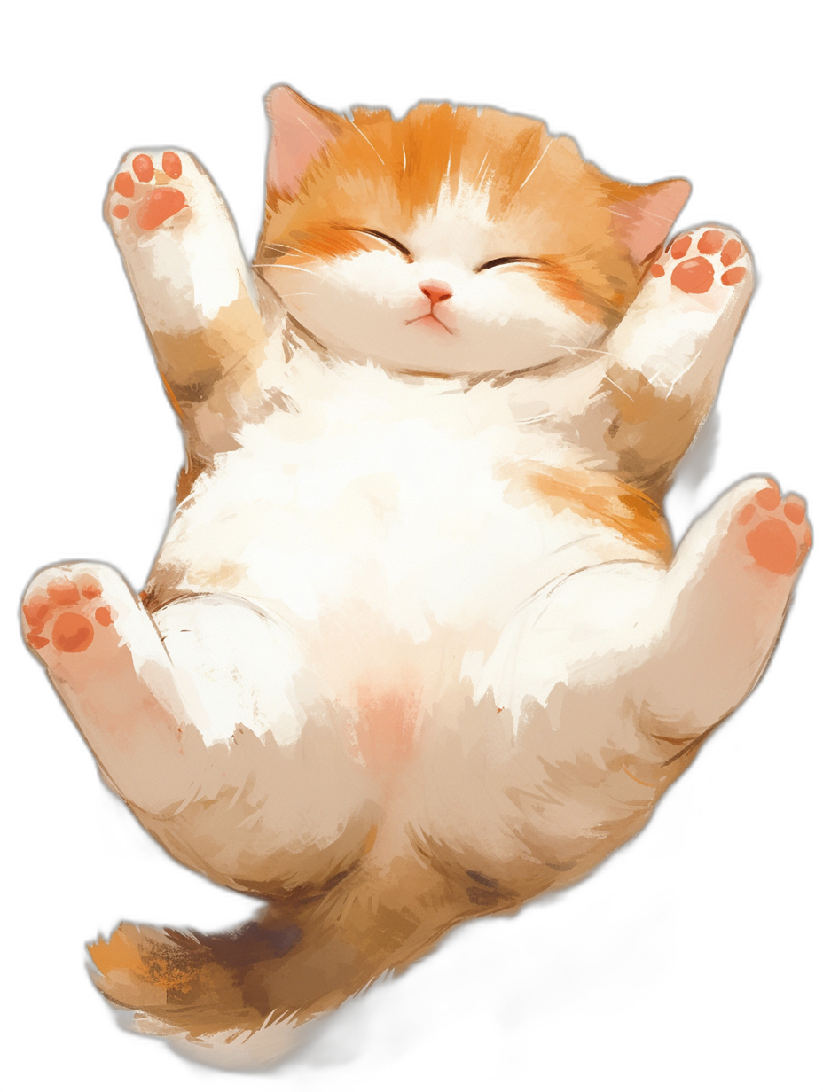 A chubby orange and white cat lies on its back, belly up with two paws raised in the air, with a cute expression against a pure black background in the style of anime with simple lines in a watercolor painting style for a cute cartoon design at high resolution and ultrahigh definition quality.