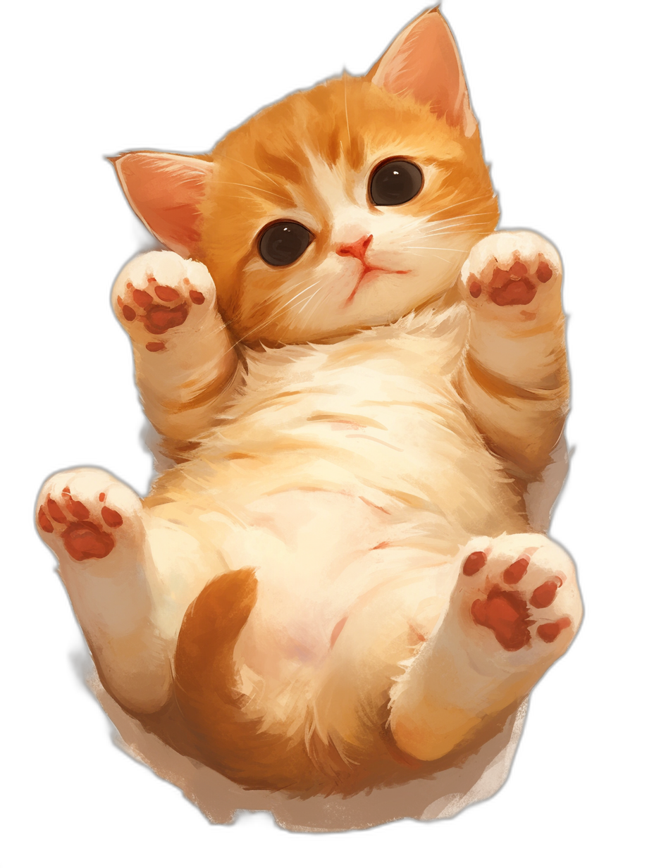 A cute orange and white kitten lying on its back, paws hanging in the air against a black background, in the style of anime, in the style of Japanese manga, a full body shot, with simple strokes, a cute expression, in a cute pose, with cute eyes looking at the camera, in high definition.