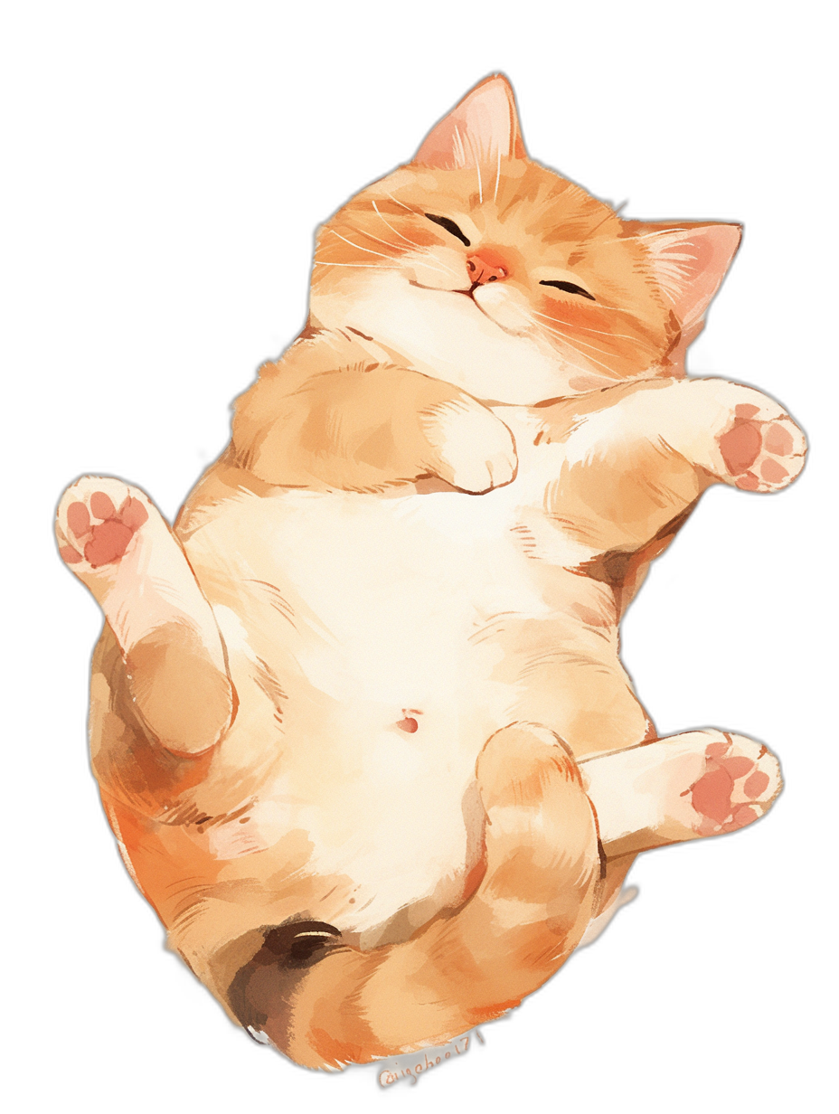 A chubby orange and white cat laying on its back, cute in the style of anime, black background, digital art, kawaii, full body shot, chubby belly, cute tail, happy expression