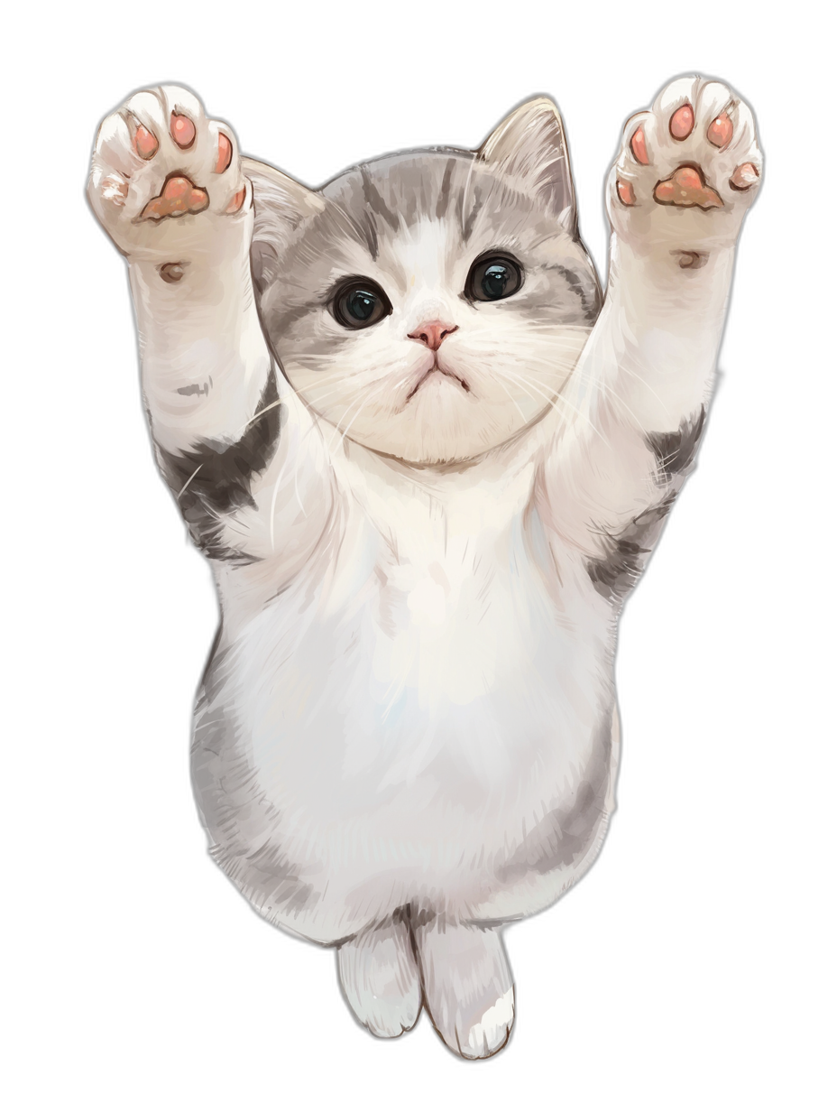 Cute cat, white and gray color scheme, cartoon style, full body portrait, hands raised above head, black background, high definition, cute expression, front view, clear details.