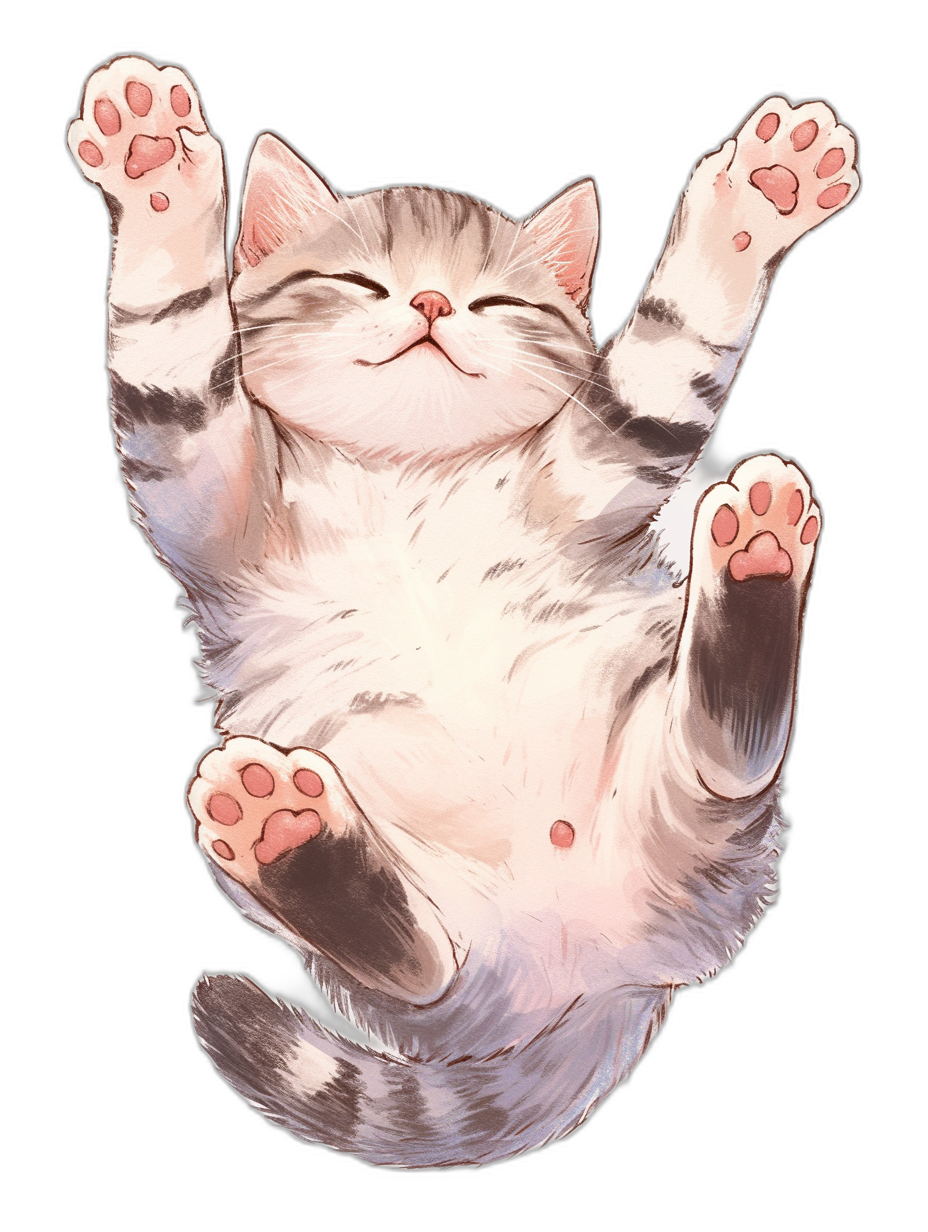 Cute cat lying on its back, smiling and waving with both paws up in the air, in the style of Japanese anime illustration with black background, soft lighting, cute, adorable.