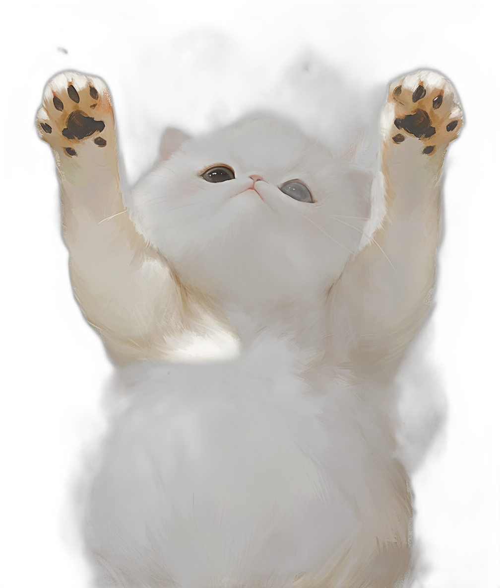 white and grey cat, paws up in the air, black background, cute, digital painting, high resolution