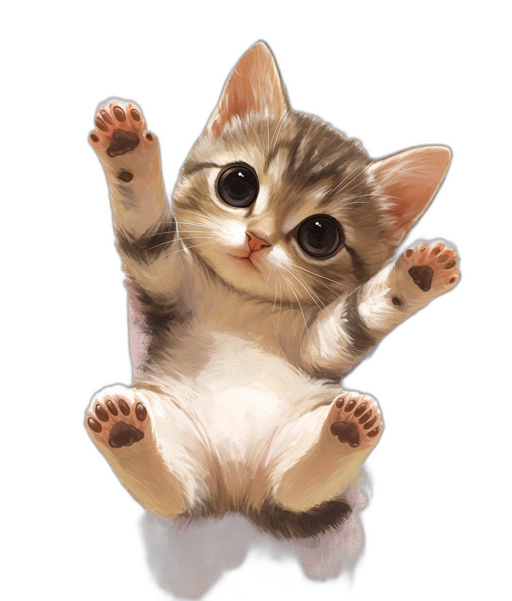 Cute cat jumping in the air with two paws raised towards viewer against a black background in the style of anime.