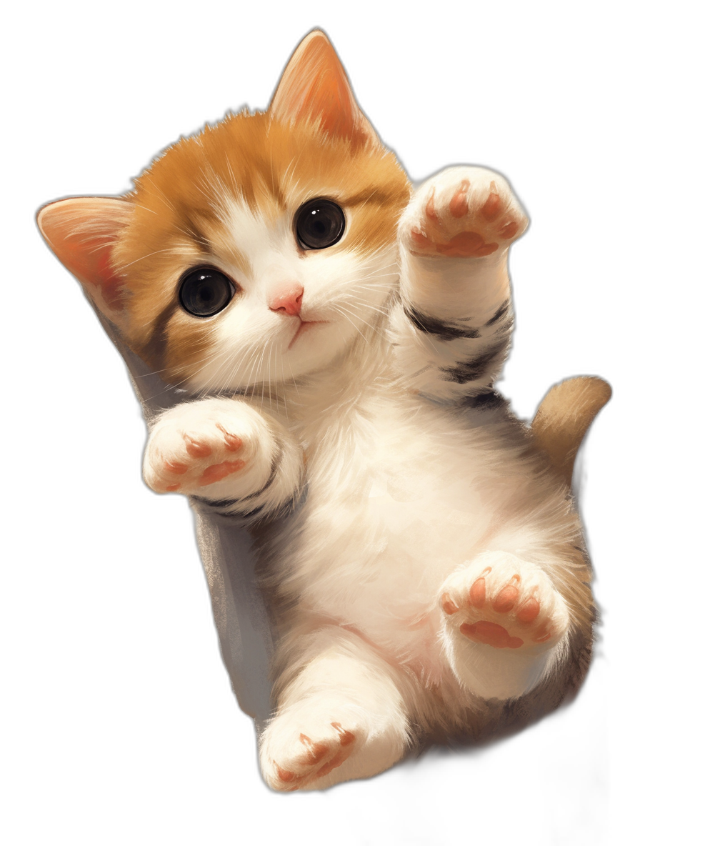 Cute cat, cartoon style, playing with his paws up in the air, isolated on a black background, with high detail, in the style of hyperrealism.