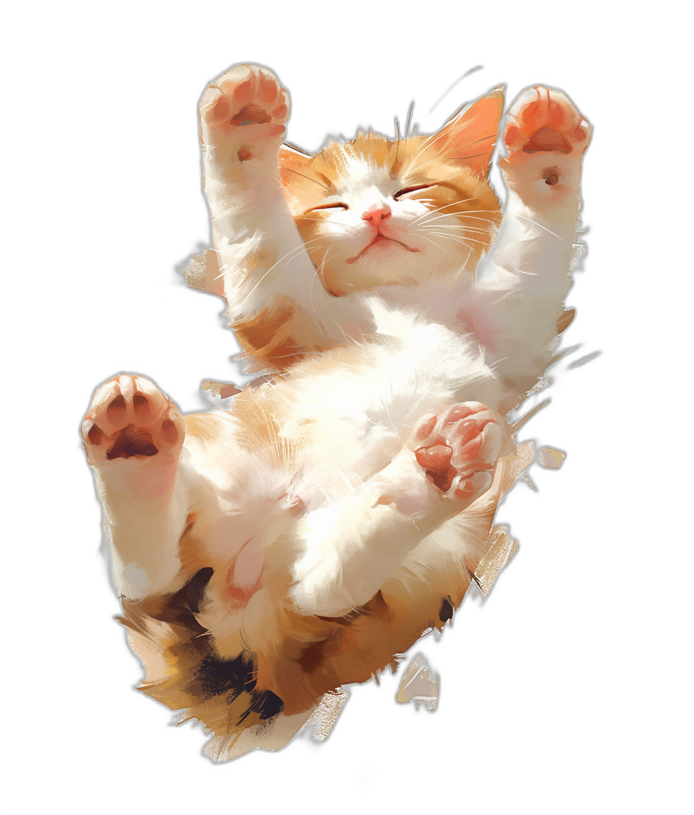 white and orange cat floating in the air, happy expression, cute, kawaii style, digital painting, ultra detailed, on black background, high resolution, high quality, high detail, hyperrealistic, hyper realistic, professional photography,