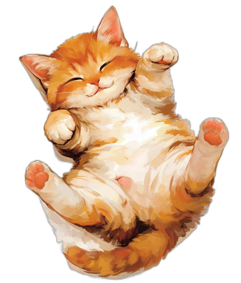 Cute orange and white cat lying on its back, smiling with eyes closed, in the style of vector illustration, in the style of anime painting, on a pure black background, high definition resolution, high detail, high quality, cute cartoon design, colorful, high definition.