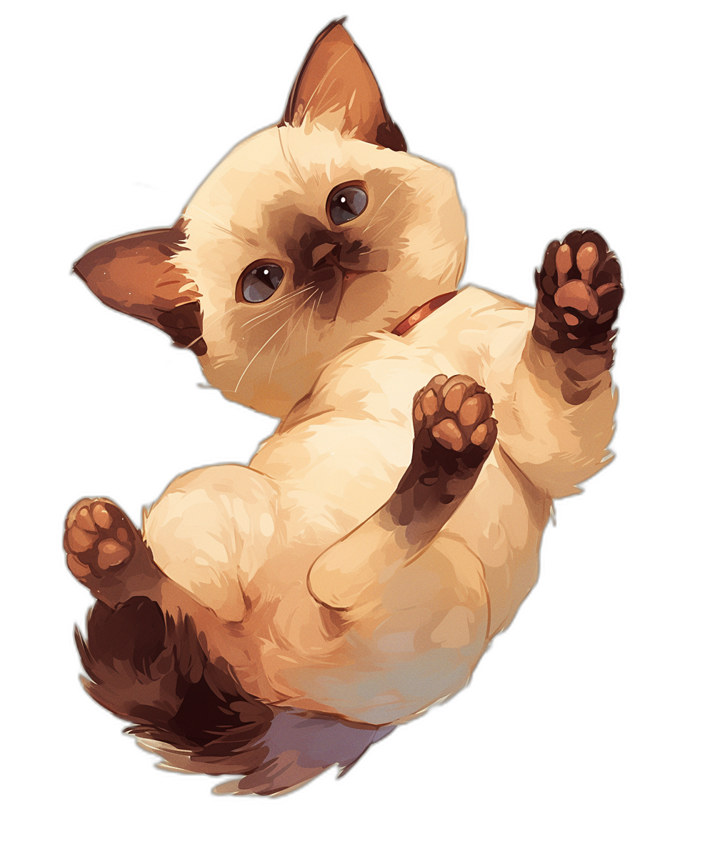 A cute Siamese cat is lying on its back, holding up two paws and waving them in the air, with illustrations in the style of anime, black background, cute cartoon design, light brown fur color, low angle view, playful expression, high resolution.