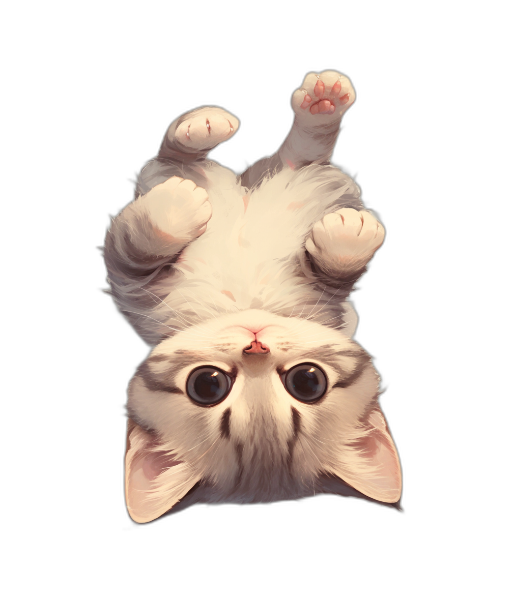 view from above of cute white cat upside down, in the style of cartoon, ultra realistic photography, black background