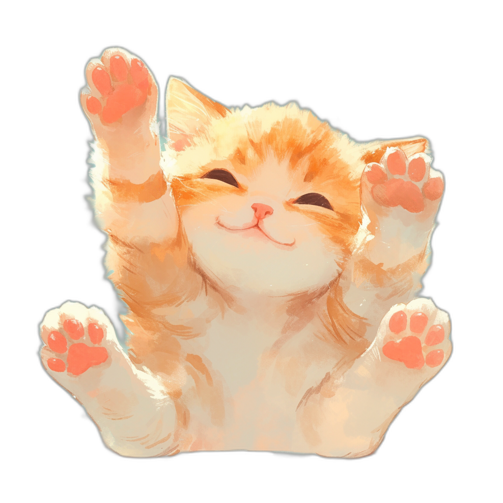 A cute happy cat with its paws up in the air, in the style of a sticker, isolated on a black background, in the style of anime art, with pastel colors, with a simple design, cute and adorable.