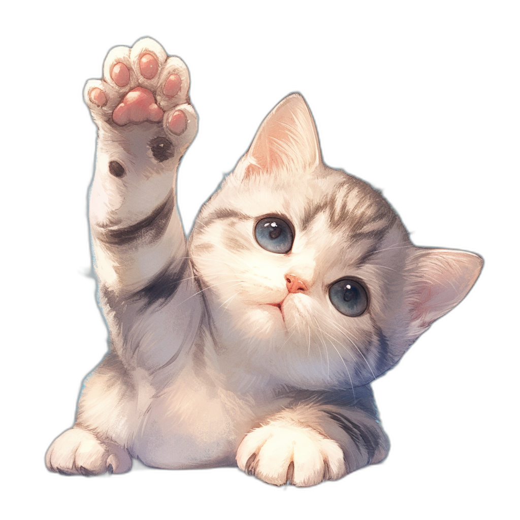 Cute cat, gray and white color scheme, blue eyes, cute expression, waving paw, black background, sticker design style, vector illustration, high resolution, rich in detail, clear colors, bright light, full quality portrait. The cute kitten raised its paw in the style of saluting with two paws.