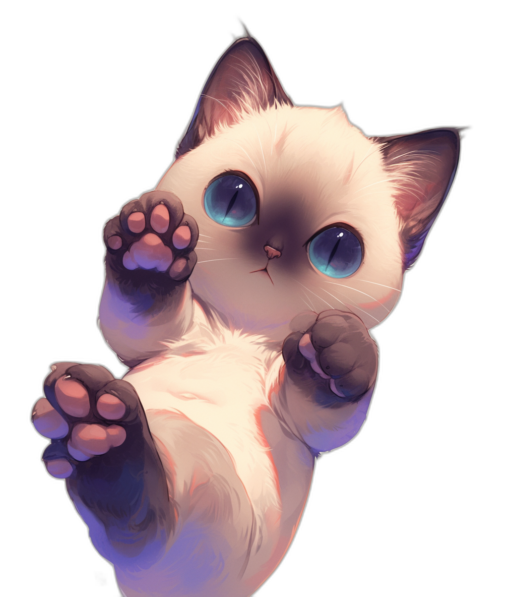 A white Siamese cat with big blue eyes reaching up towards the camera in the style of chibi anime, its paws hanging down isolated on a black background. 2D game art with cute, cartoonish designs and hyperrealistic animal illustrations featuring dynamic poses in simple, high resolution designs.