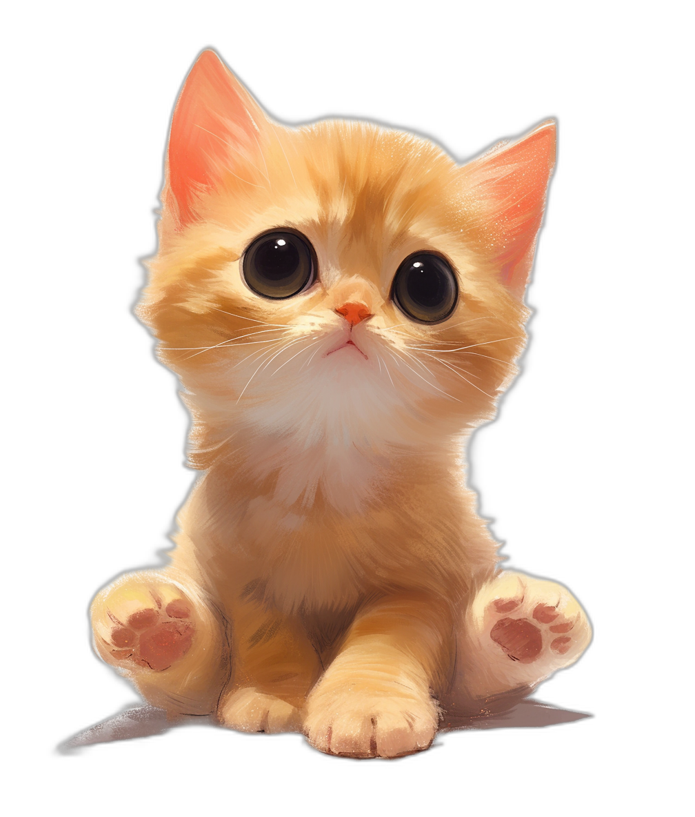 cute cartoonish art of an adorable kitten sitting down, big eyes, paws showing, isolated on black background,