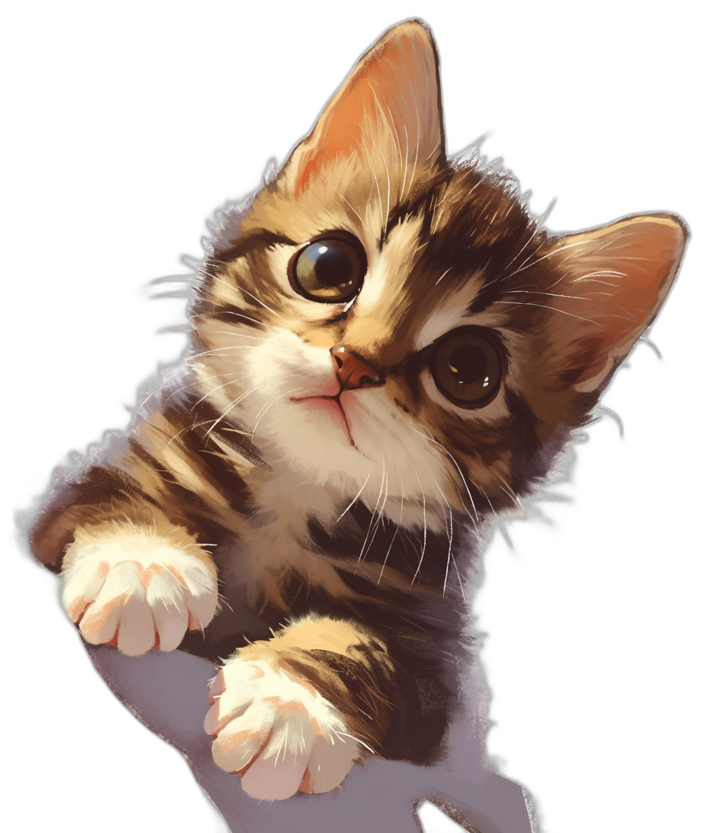 A cute kitten with white paws, looking up at the viewer against a black background, in the style of anime, digital art.