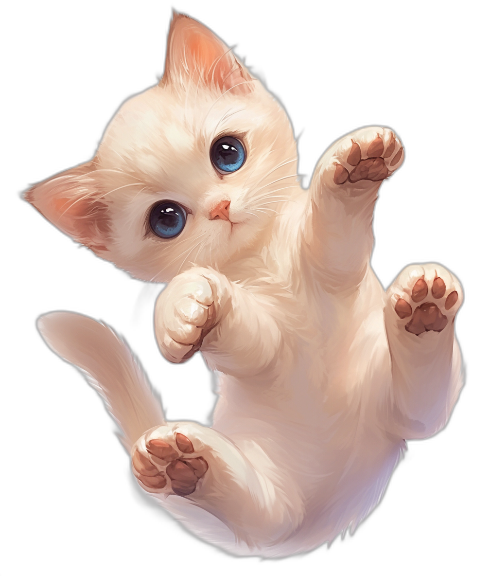 Cute white kitten in a jumping pose with blue eyes in the style of cartoon, on a black background in the anime art style, simple yet with high detail, cute with big hands and feet.