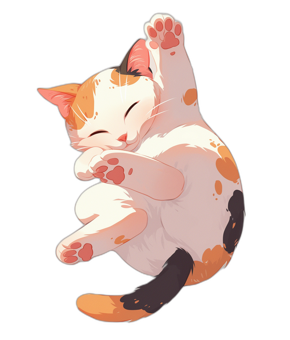 A cute cat sleeping on its back, vector illustration in the style of anime, white border and black background, full body shot, cartoon character, top view, two paws up in the air, happy expression, simple design, colorful, high resolution, 2D flat illustration, fullbody portrait of calico patterned fur, cute, white belly with pink spot, black tail with brown spots. The overall color scheme is warm, creating an atmosphere of tranquility and comfort with warm lighting.