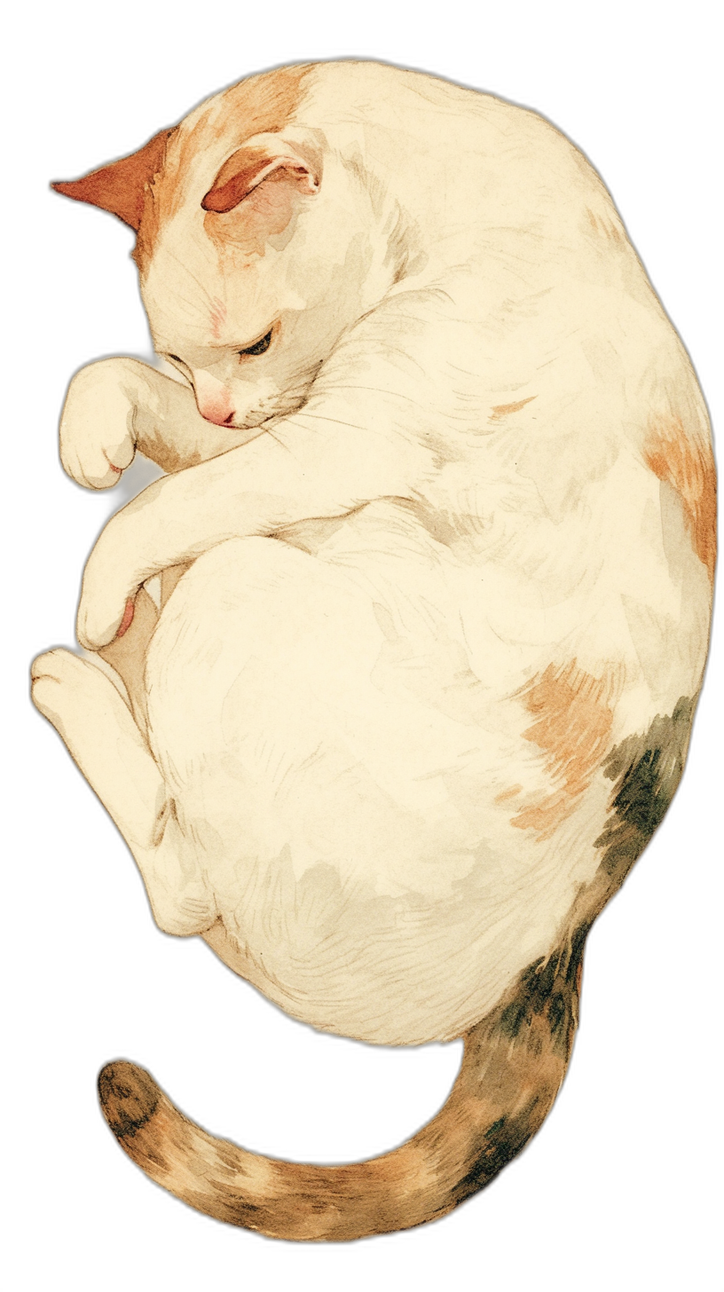 A white and golden brown fat cat is curled up sleeping. It is a cute illustration against a black background in the style of [Yoshitaka Amano](https://goo.gl/search?artist%20Yoshitaka%20Amano). The full body shot shows the cat from a top down view.