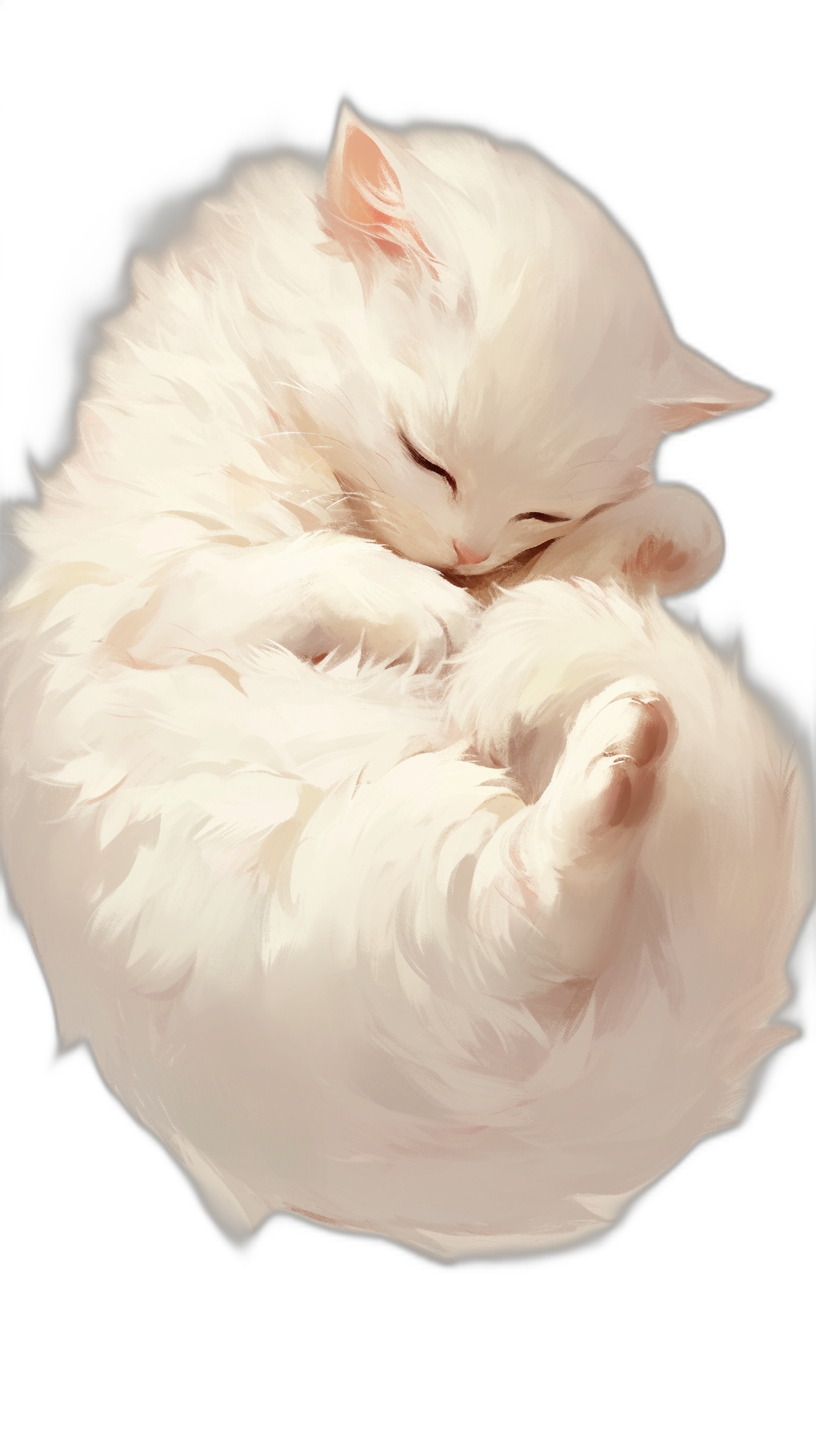 A white cat sleeping, in a cute anime art style, with fluffy fur, its white tail curled around its body, as a digital painting, on a black background, in a portrait view.