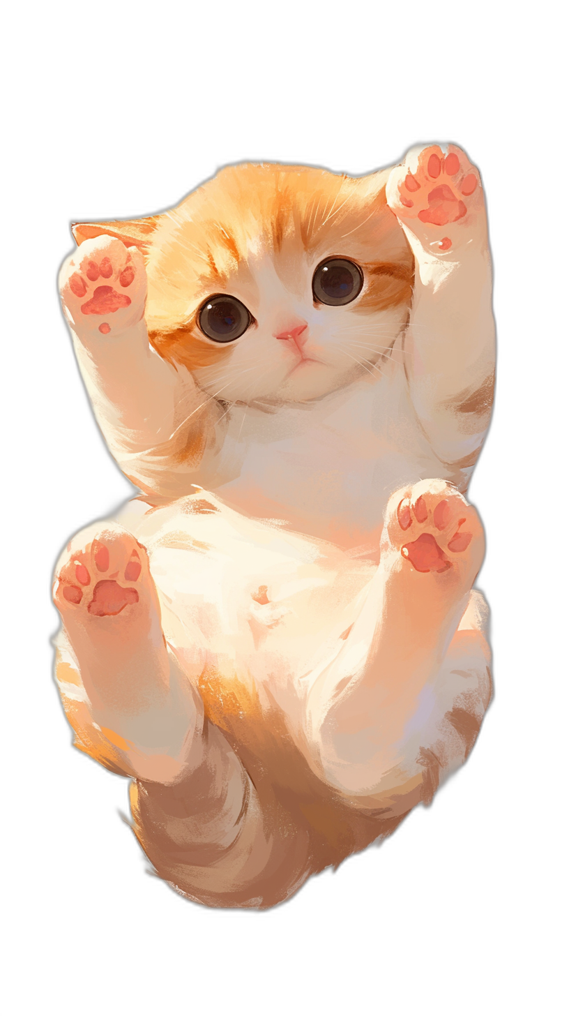 A cute fat cat is floating in the air, with big eyes and paws raised high, smiling happily. It has a white body and orange head against a pure black background. The style is anime with oil painting strokes and warm colors. Bright light gives it a cartoon character design in a fullbody portrait displayed in high definition.