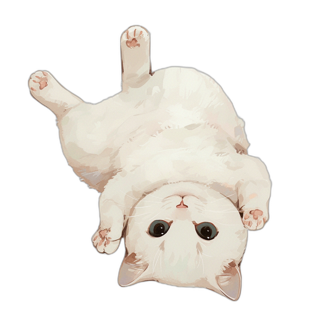 A white cat laying on its back, in a top down view, in the vector art style, on a solid black background, a white cute cartoon cat, laying upsidedown in the air with paws outstretched above its head, cute, adorable, chibi eyes looking at the camera, in the style of cutecore.