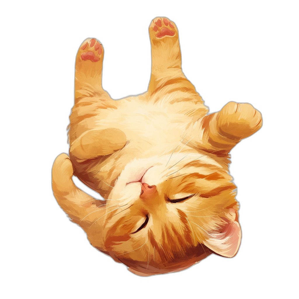 vector design of an orange cat sleeping on its back, top down view, isolated black background, cute cartoon style, digital art in the style of [Krenz Cushart](https://goo.gl/search?artist%20Krenz%20Cushart) and [Greg Rutkowski](https://goo.gl/search?artist%20Greg%20Rutkowski), clipart, png