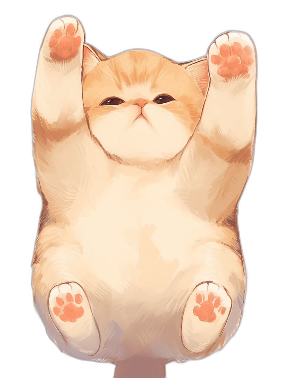 A cute chubby cat is doing yoga, raising its hands to the sky and making stretching movements with both feet facing upwards. The illustration style should be in the style of anime, featuring detailed character design with bright colors against a black background. It’s drawn in digital art using vector graphics, giving it an ultra-high definition quality of 30 megapixels.