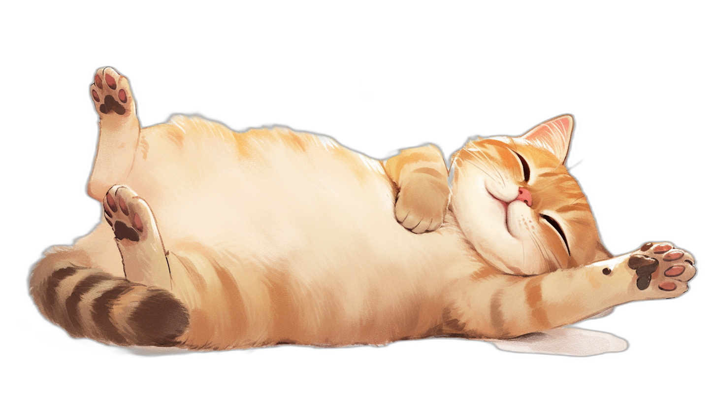 A cute fat cat lies on its back, smiling and laying down with four paws up in the air. The illustration style is in the style of anime cartoon. Black background. Full body shot.