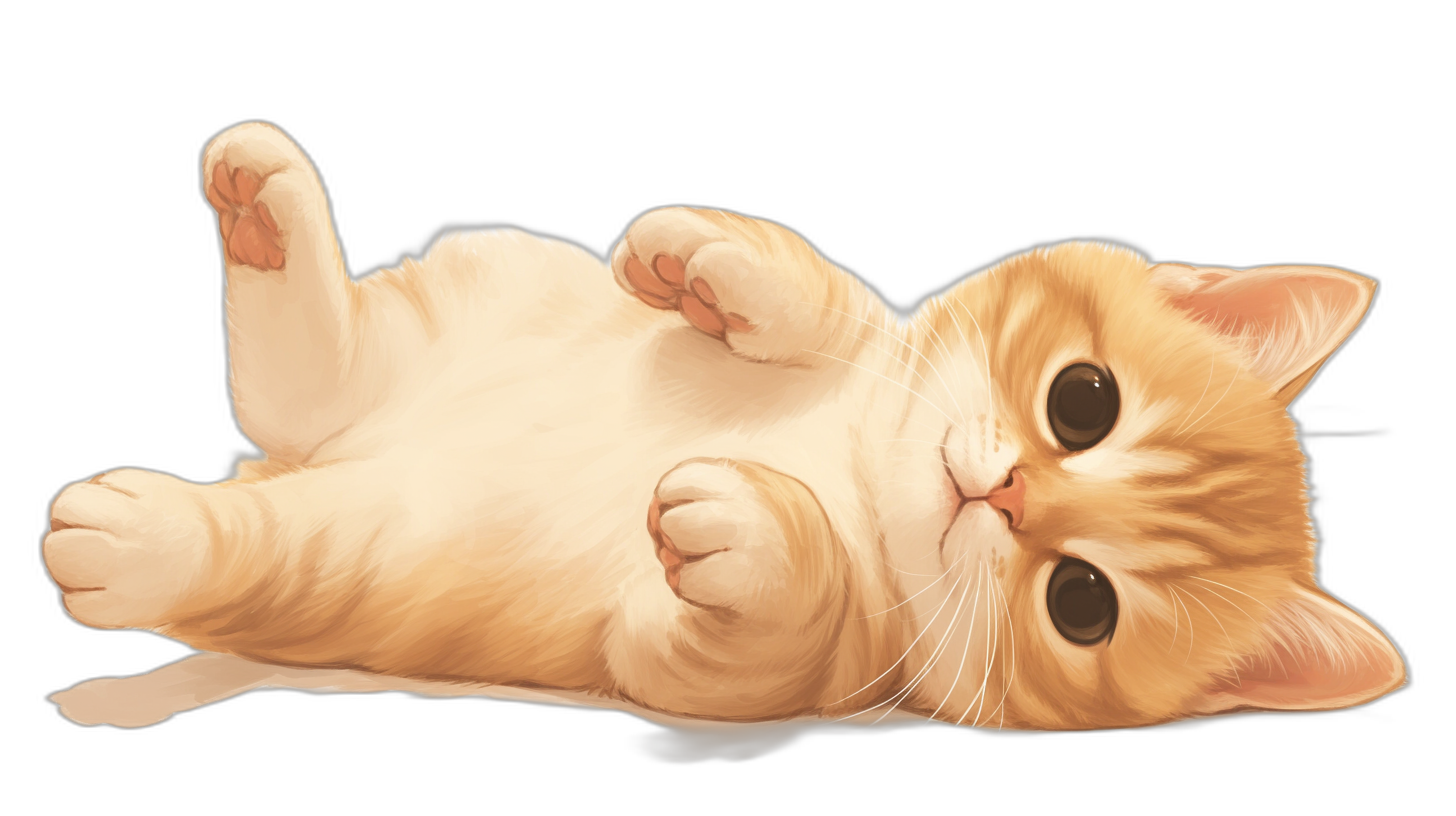 A cute cat lying on its back, full body shot, in the style of anime, vector illustration, black background, high detail, digital art, digital painting, masterpiece, high resolution, high quality, high definition, hyper detailed, hyper realistic