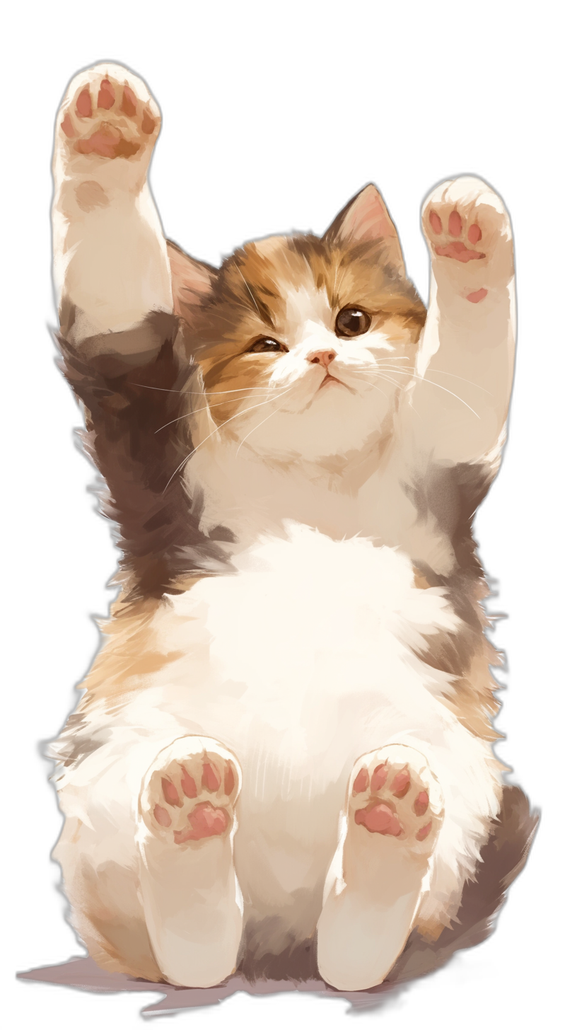 Cute fat cat, sitting on its back with both paws raised above its head, happy expression, black background, digital illustration in the style of anime, simple brushstrokes, in the style of anime, high definition