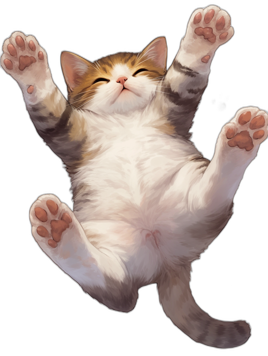 A cat is lying on its back, smiling and stretching out her paws to the sky. The illustration is in the cute style, with a full body shot against a black background in a top view. The image is high definition, high resolution, and high quality with fine details, resembling anime art.