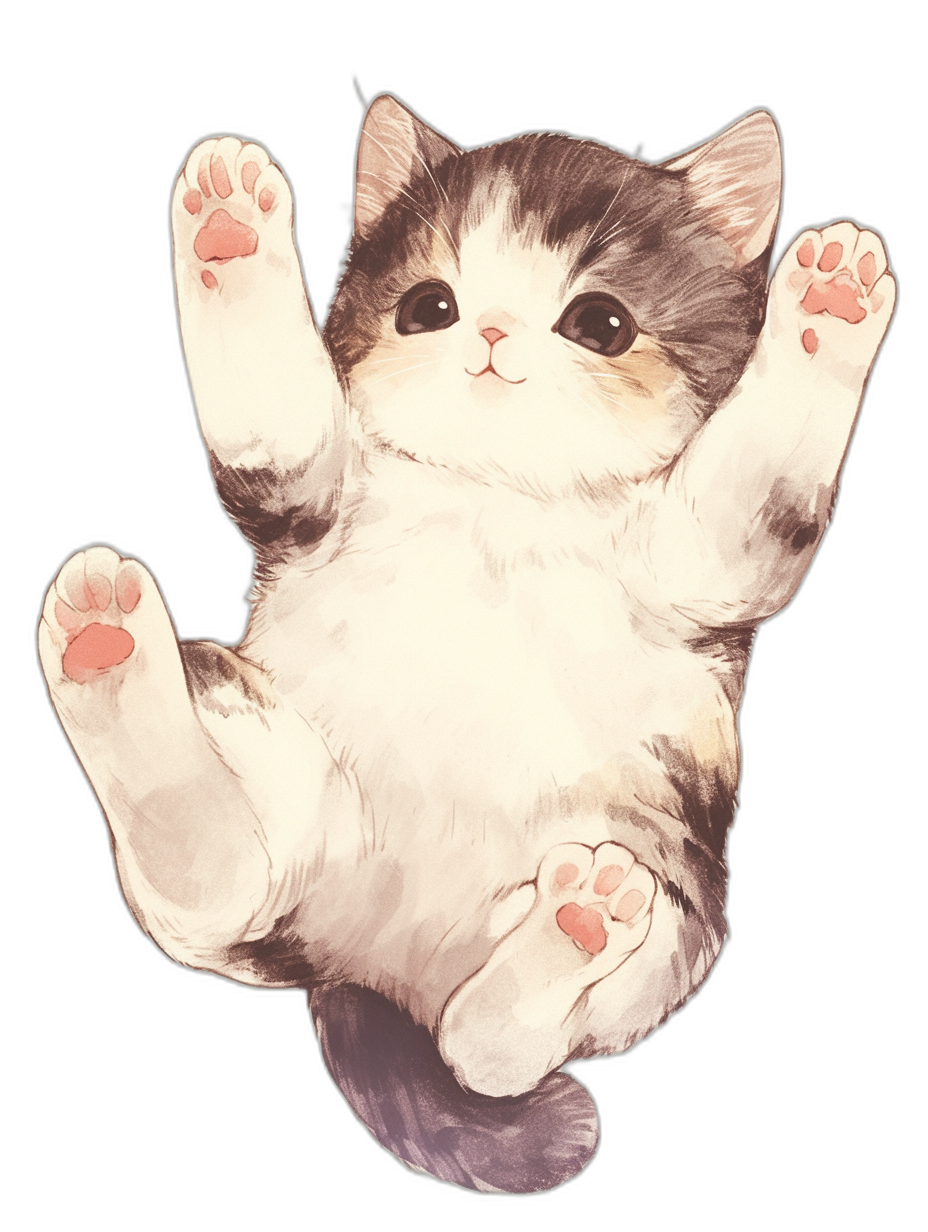 Cute cat, top view of the whole body hanging upside down with four paws up, sticker style, vector illustration, black background, high detail, high resolution digital art, in the style of watercolor, cute, high definition