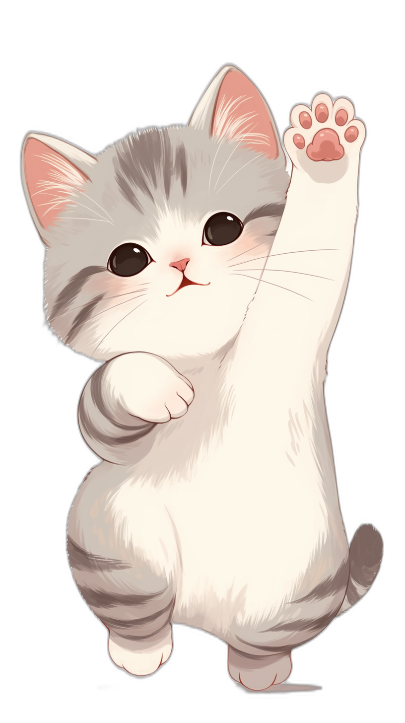 A cute cartoon cat with a gray and white color scheme and pink ears, raising its left paw to the sky in an open palm gesture against a black background in the style of a vector illustration. The style uses simple lines with high-definition details and high resolution.