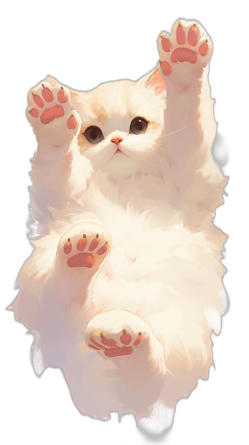 cute white cat, big paws, jumping in the air, in the style of anime, cute illustration, full body shown, black background, white fur with pink highlights, white fur shadow on face and paws, cute pose, high quality