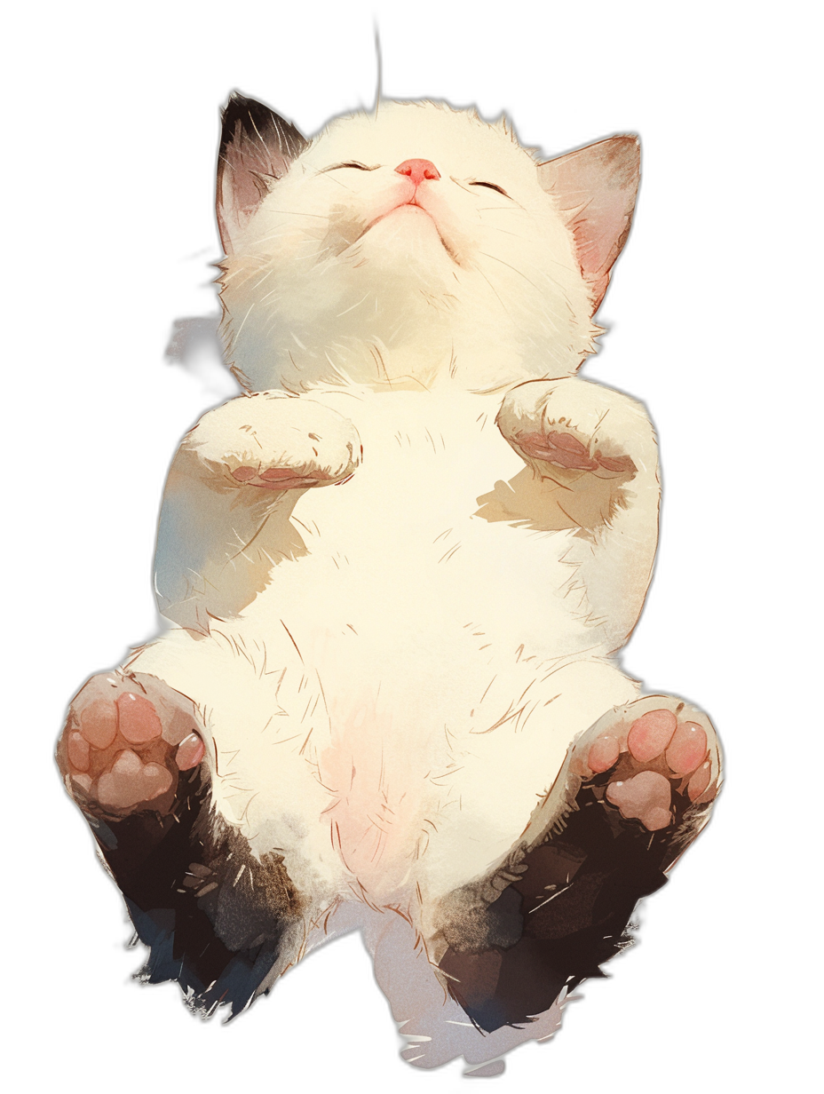 white cat, cartoon style, floating in the air, happy face, legs up, simple background, black background, in the style of anime art, cute and dreamy, low detail, digital painting, watercolor, full body shot, hyper realistic