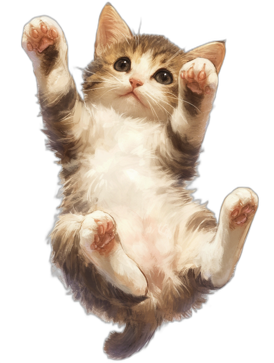 A cute kitten, floating in the air with its paws raised and eyes open, with black background, digital painting style, detailed character illustrations, charming characters, simple backgrounds, and highdefinition images.