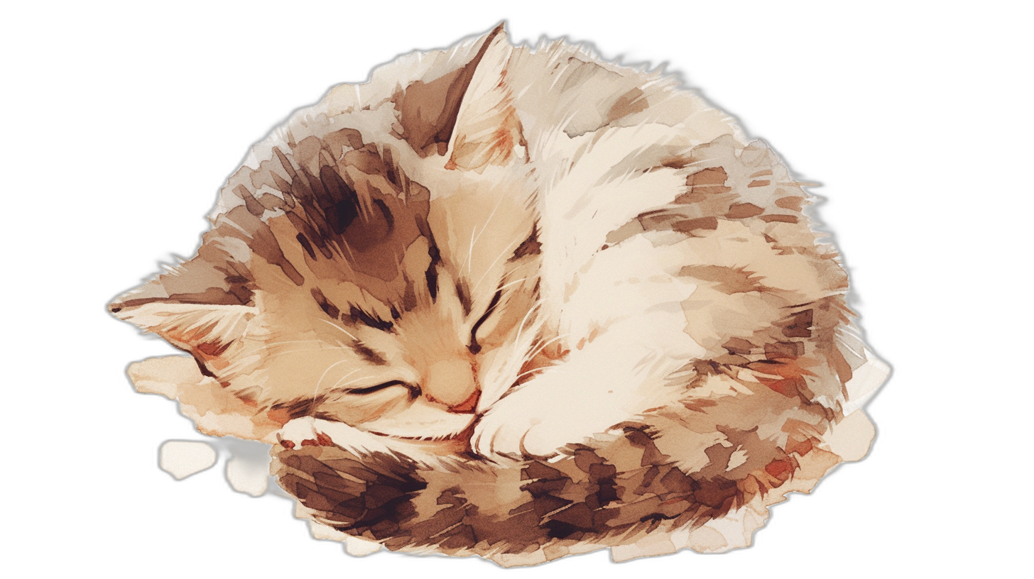 A cute little cat sleeping, depicted in the style of an illustration with watercolor and oil painting effects on a black background. The artwork is presented as vector images with flat design elements, showcasing a brownish white color scheme. It features high resolution.