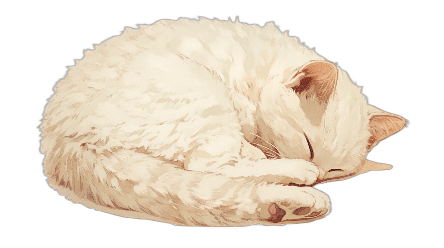 A white fluffy cat is curled up sleeping, cute, vector art, simple design, flat colors, black background, digital painting in the style of watercolor, clipart isolated on a pure solid white background, high resolution photo, professional photograph, extreme detail.