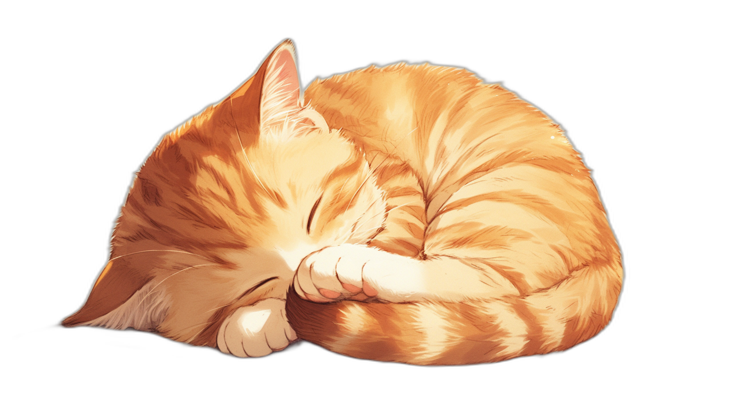 A cute orange cat curled up sleeping, simple illustration in the style of vector art, anime style, on a black background, digital painting, high resolution