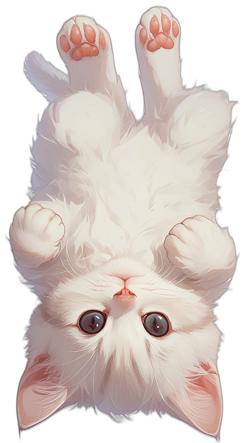 White cat, white paws hanging upside down, cute expression, big eyes, black background, high definition, high resolution, digital art, top view angle, cartoon style, illustrated in the style of anime, high quality, high detail, high saturation, front face closeup, high contrast.