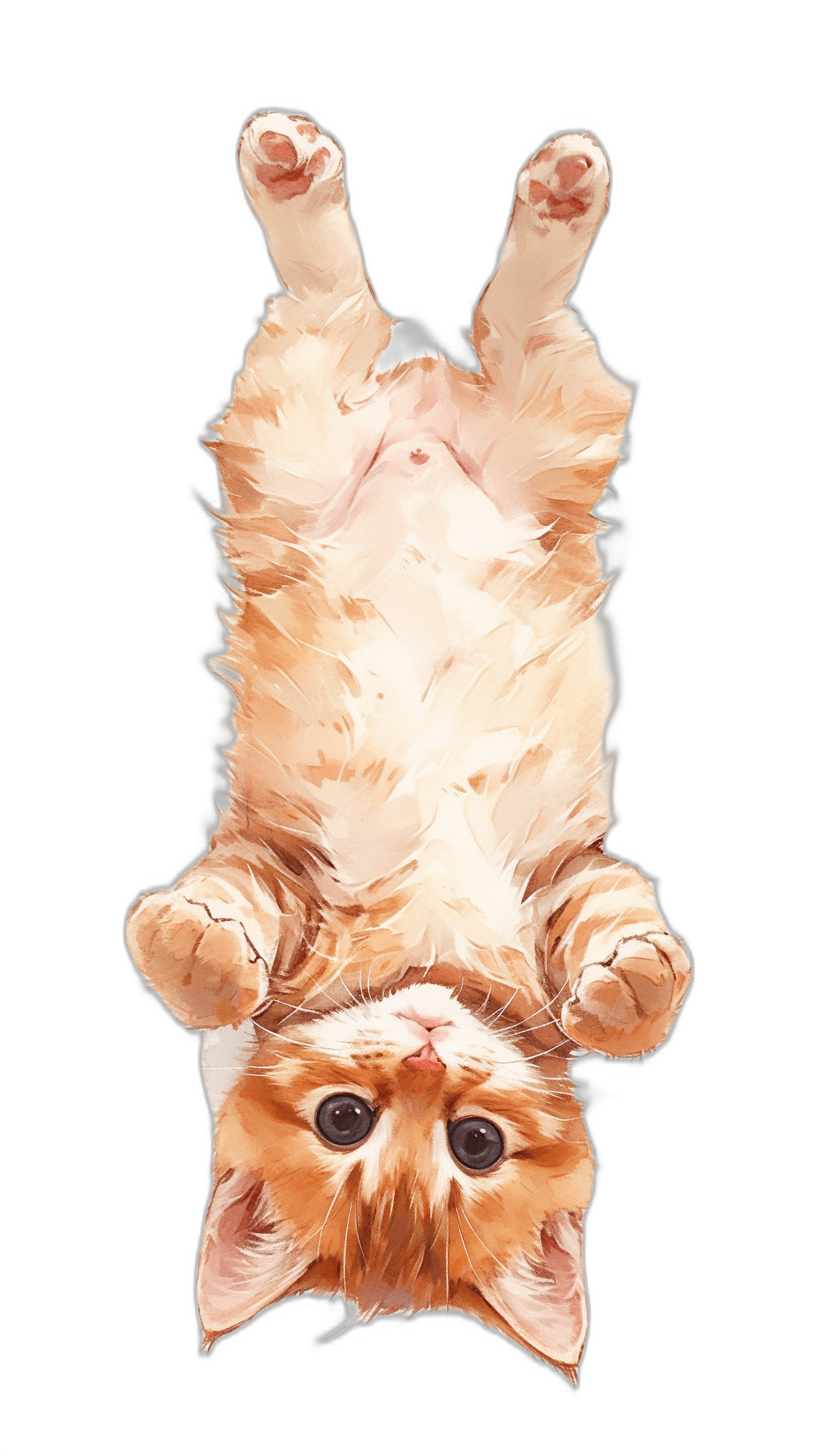 view from above of cute kitten upside down, digital art style in the style of handdrawn illustration watercolor, black background