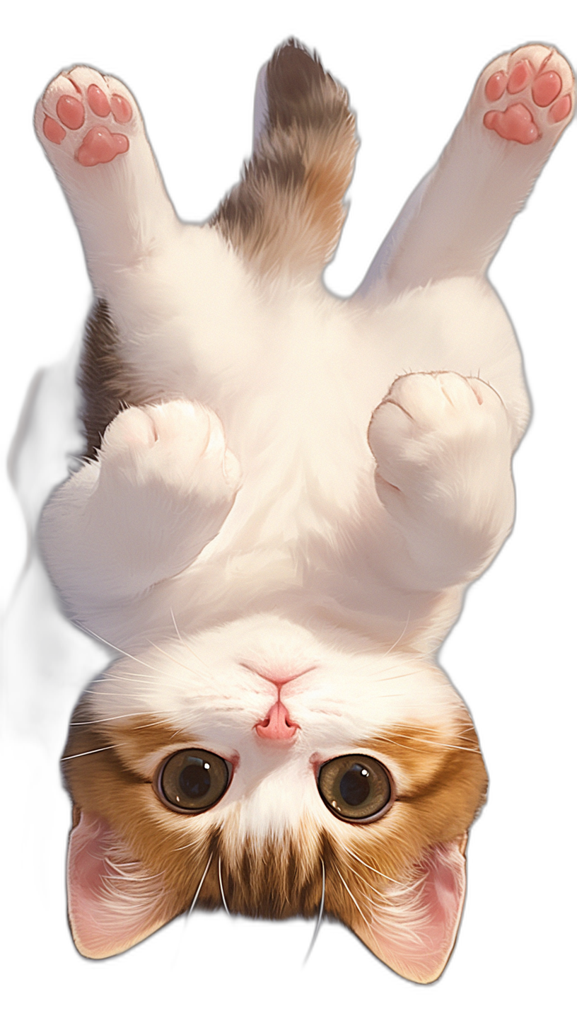 Cute cat upside down, 3D rendering, full body shot with black background, high definition photography, high quality photo, hyperrealistic, high resolution in the style of various artists.